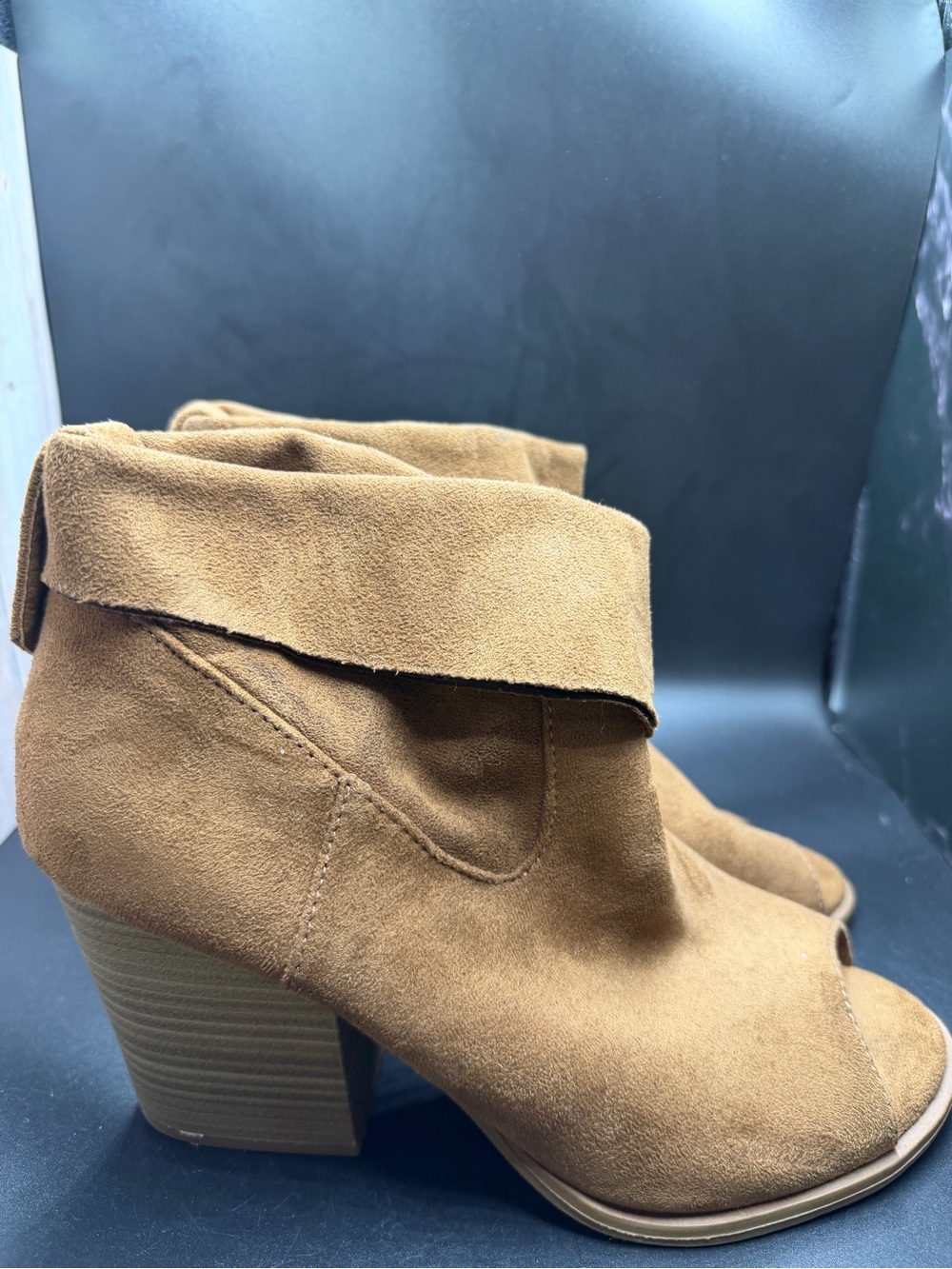 Fold-Over Peep Toe Ankle Booties - Brown